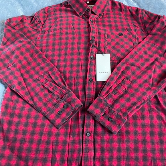 Gucci Mens Checked Wool Cotton Red Shirt Size 15.5 - Picture 4 of 8